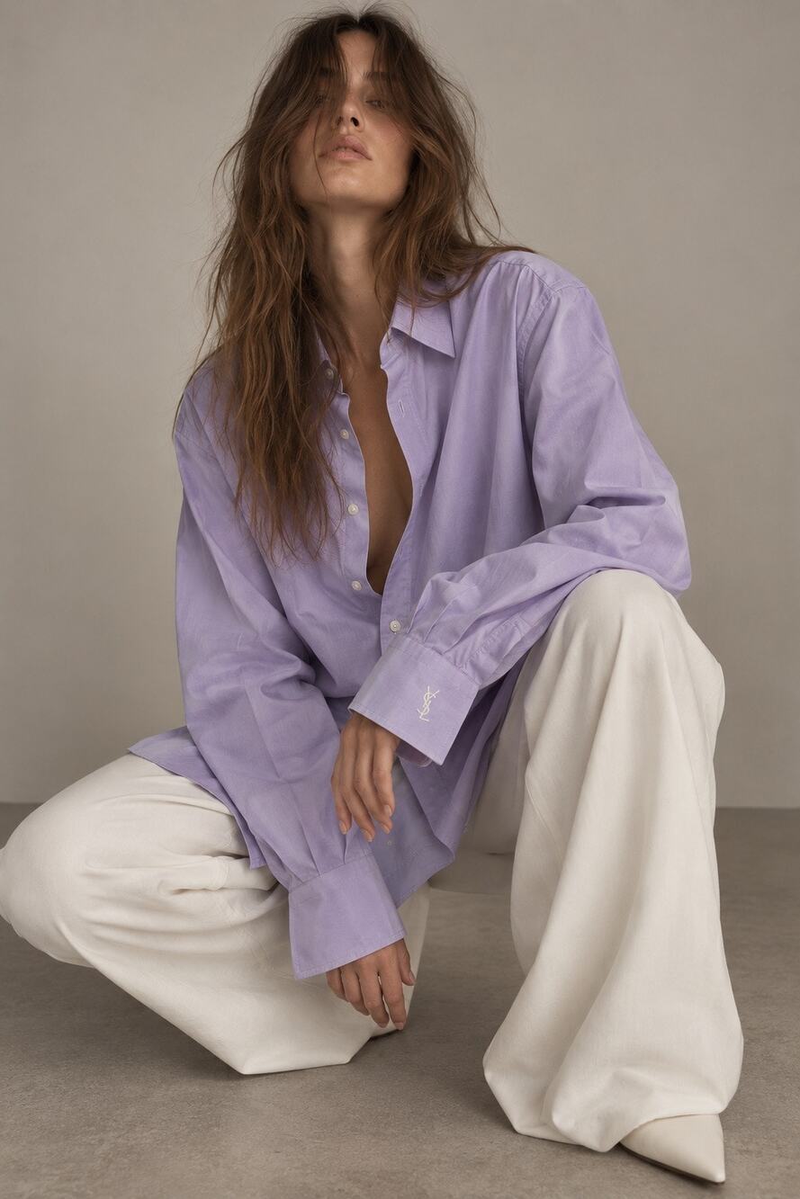 Vintage Yves Saint Laurent Oversized Button Down Shirt Purple YSL Logo M
